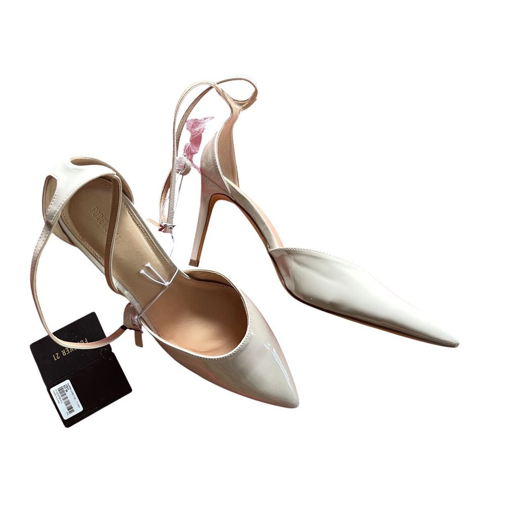 Forever 21 Pointed Toe Heels Patent Beige Strappy Adjustable Ankle Strap size 10 - Picture 2 of 7